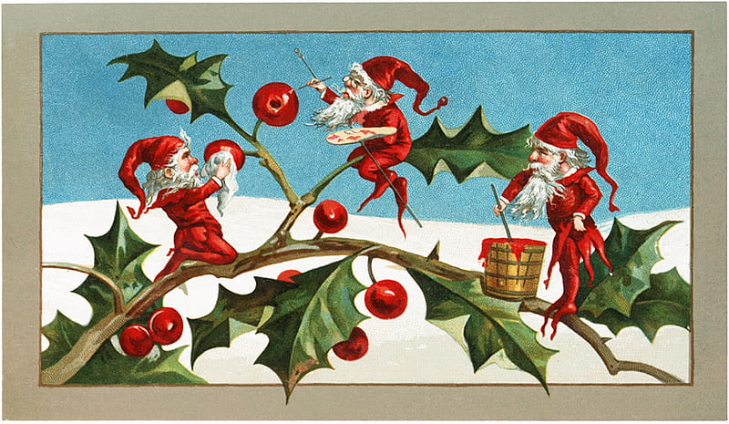 :), santa, christmas, craciun, green, elf, vintage, card, red, gnome, dwarf, HD wallpaper