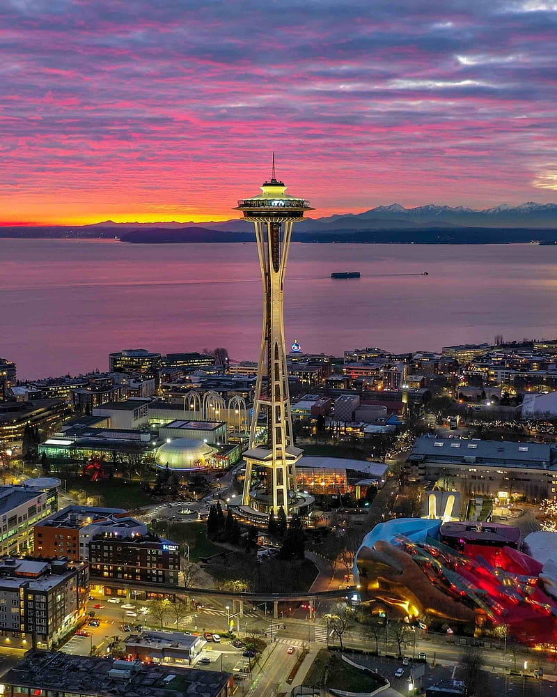 Seattle sunset, space needle, HD phone wallpaper