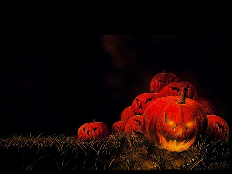 SPOOKEY AFTER DARK, scarey, fall season, autumn, orange, holiday, halloween, black, faces, fanstasy, black background, dark, magical, october, pumpkins, HD wallpaper
