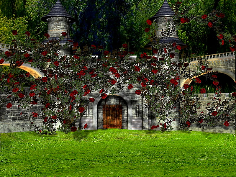 HIDDEN CASTLE, red, structure, flowers, roses, castle, field, HD wallpaper