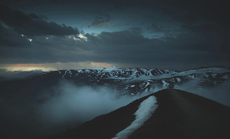 mountains, peaks, fog, twilight, clouds, height, HD wallpaper