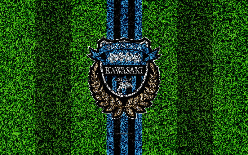 Kawasaki Frontale FC logo, football lawn, japanese football club, black blue line, grass texture, J1 League, Kawasaki, japan, football, J-League, HD wallpaper
