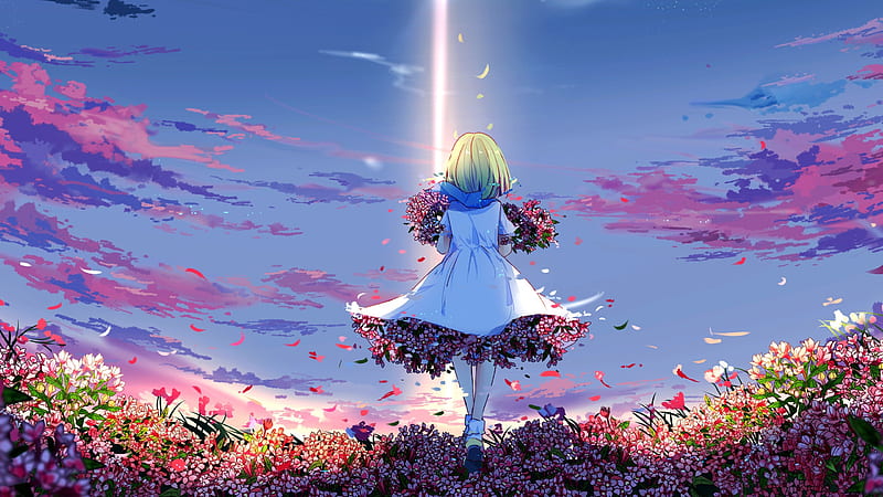 anime girl, spring, back view, colorful flowers, light, green hair, Anime, HD wallpaper
