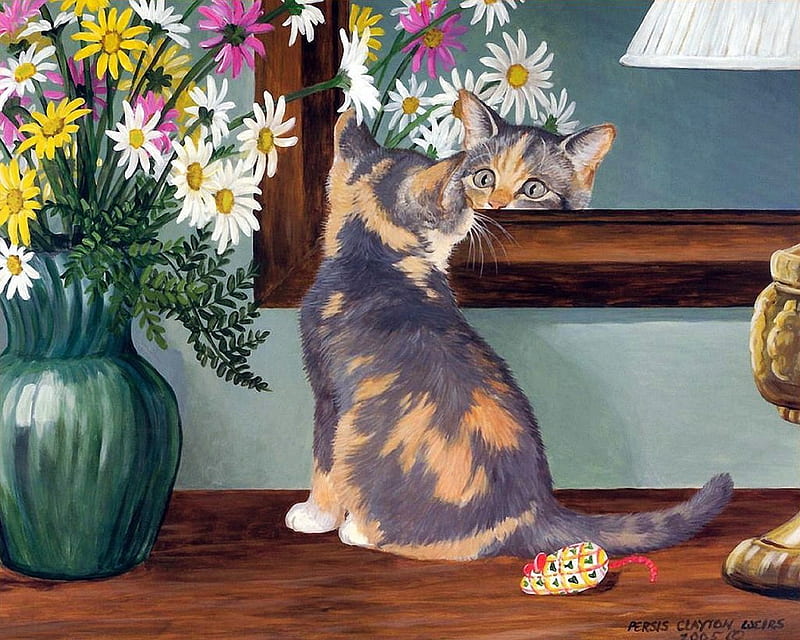 Curious, persis clayton weirs, luminos, painting, flower, mirror, cat, pictura, pisica, HD wallpaper