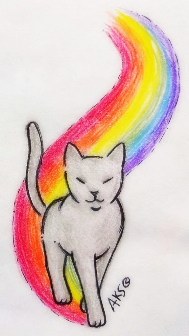 Rainbow Tail -Cat, art, cartoon, cat, cats, cute, drawn, kitty, pride, rainbow, HD phone wallpaper