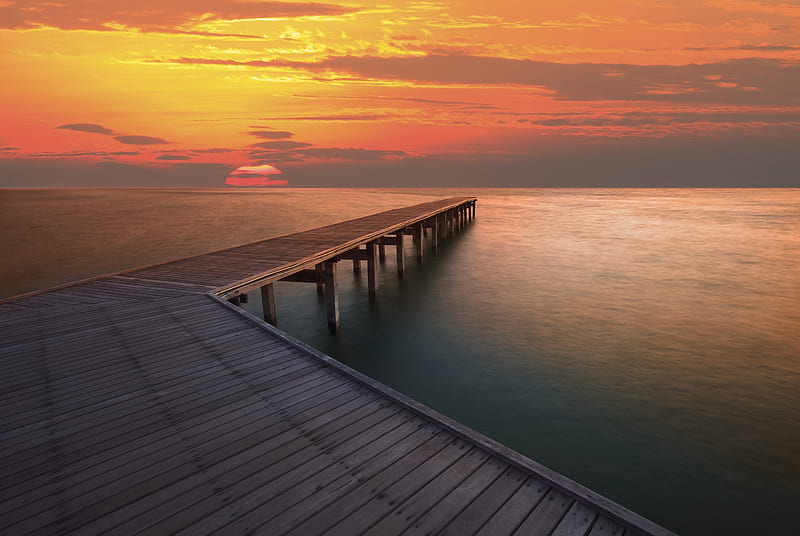 Sunset pier, Pier, Ocean, Marina, Clouds, HD wallpaper