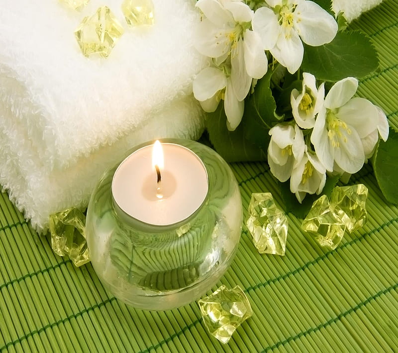 spa green, accessories, candle, cool, flowers, light, HD wallpaper