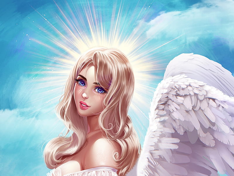 Angel, fantasy, wings, girl, blonde, prywinko, white, blue, HD wallpaper