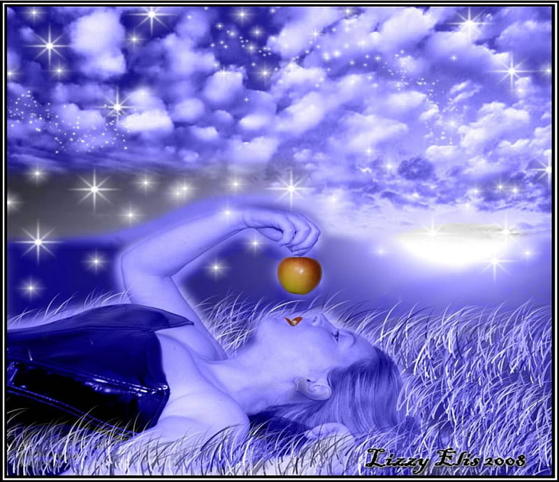 Field of Dreams, fruit, stars, clouds, grassy field, lady, night, HD wallpaper