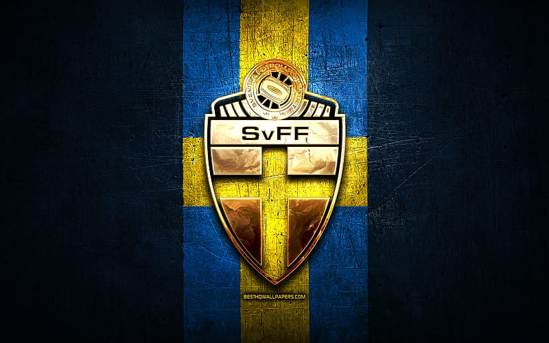 Sweden National Football Team, golden logo, Europe, UEFA, blue metal background, Swedish football team, soccer, SvFF logo, football, Sweden, HD wallpaper