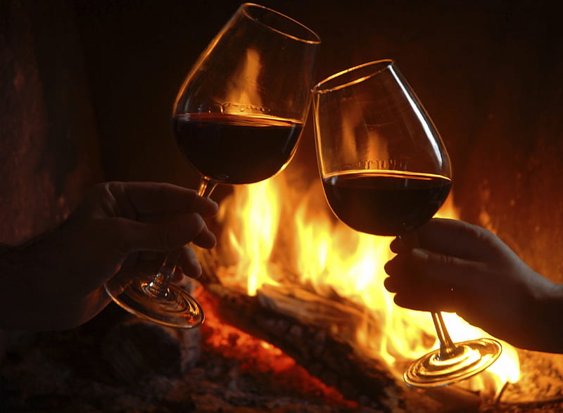 Cheers!, Glasses, Fireplace, Romance, Wine, Cheers, HD wallpaper