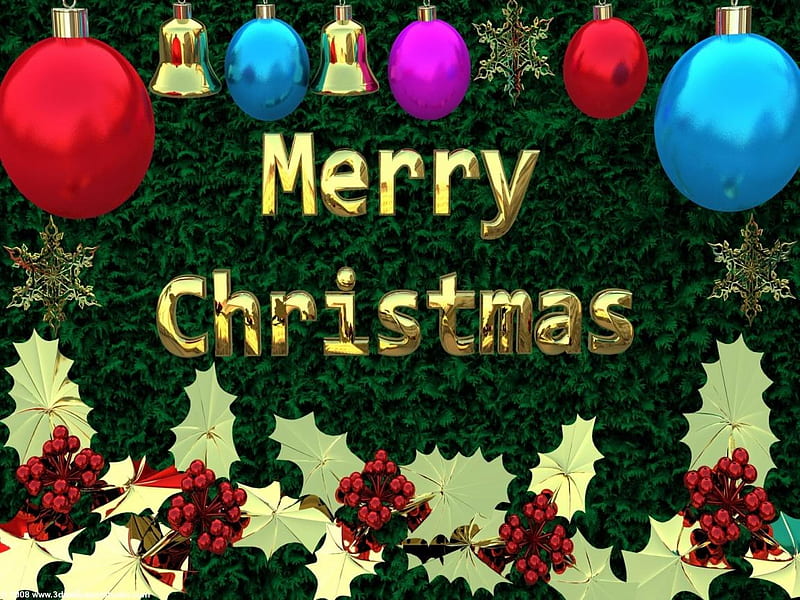 Merry Christmas, bulbs, text, holly, abstract, HD wallpaper | Peakpx