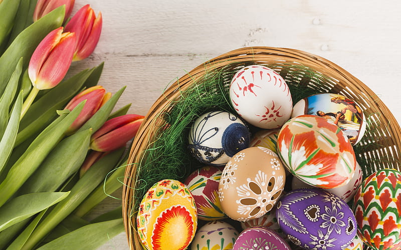 Easter, decoration, April 1, 2018, Easter eggs, basket, HD wallpaper
