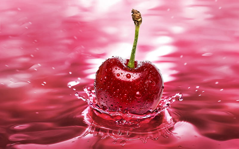 Cherry, red, wet, strawberry, fruits, sweet, splash, fruit, red fruit, reflection, pink, juice, food, abstract, water, 3d, cool, macro, sour, nature, HD wallpaper