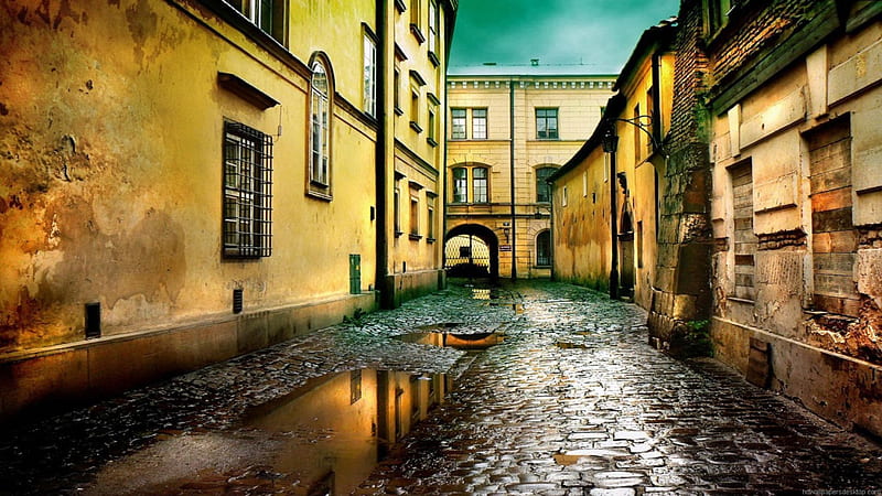alley after the rain, puddles, cobblestones, alley, buildings, HD wallpaper