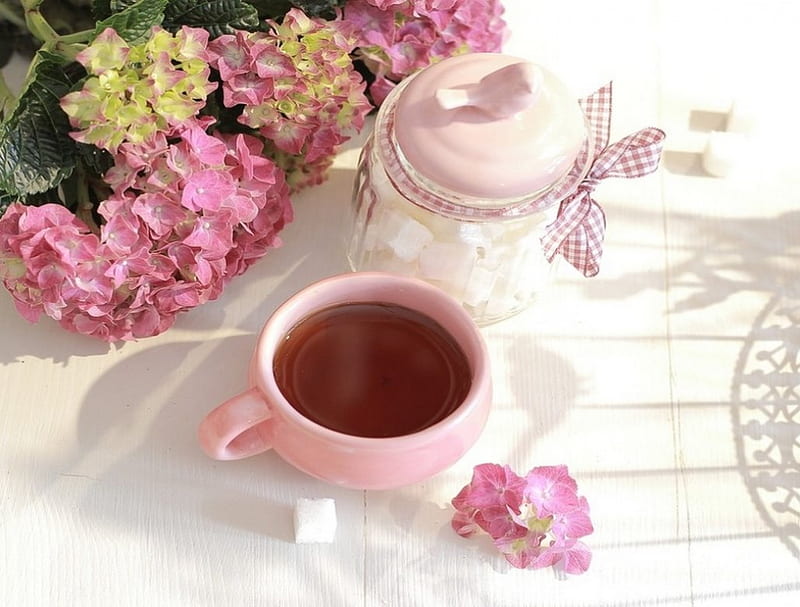 Cup of tea and flowers of Hydrangea, abstract, teatime, tea, sugar bowl, still life, cup, Hydrangea, flowers, nature, pink, other, HD wallpaper