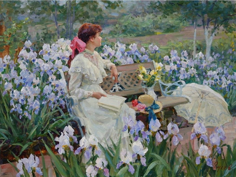 Among the Garden, art, garden, irises, girl, HD wallpaper