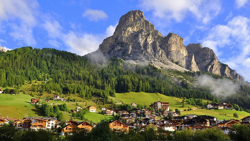 gorgeous alpine town r, mountain, forest, town, r, sky, meadow, HD wallpaper