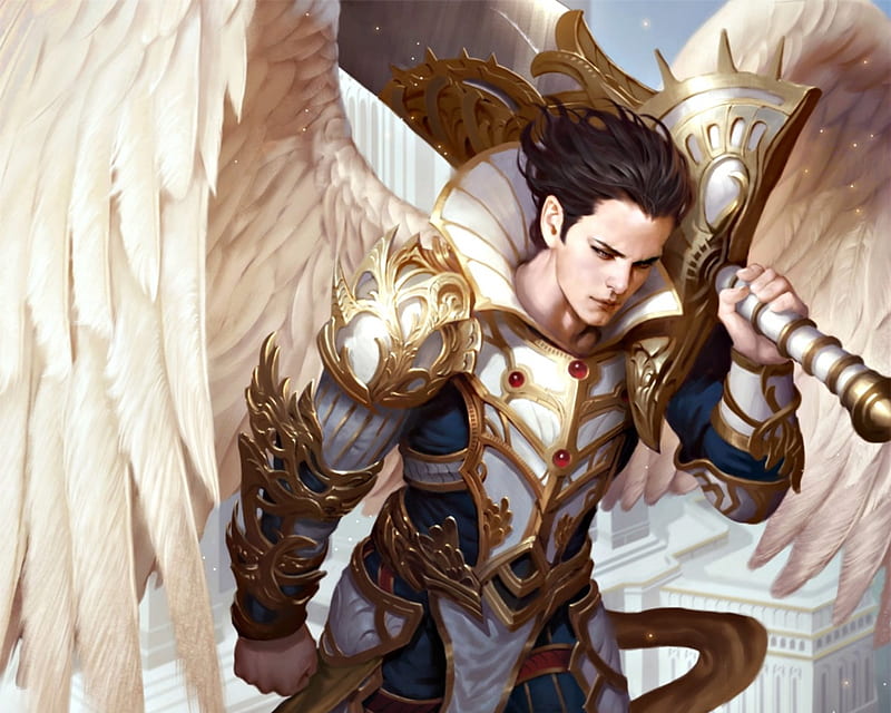 Ygrael, wings, guy, angel, legend of the cryptids, game, man, armor, fantasy, feather, ygrael restoring faith, white, lasahido, sword, HD wallpaper