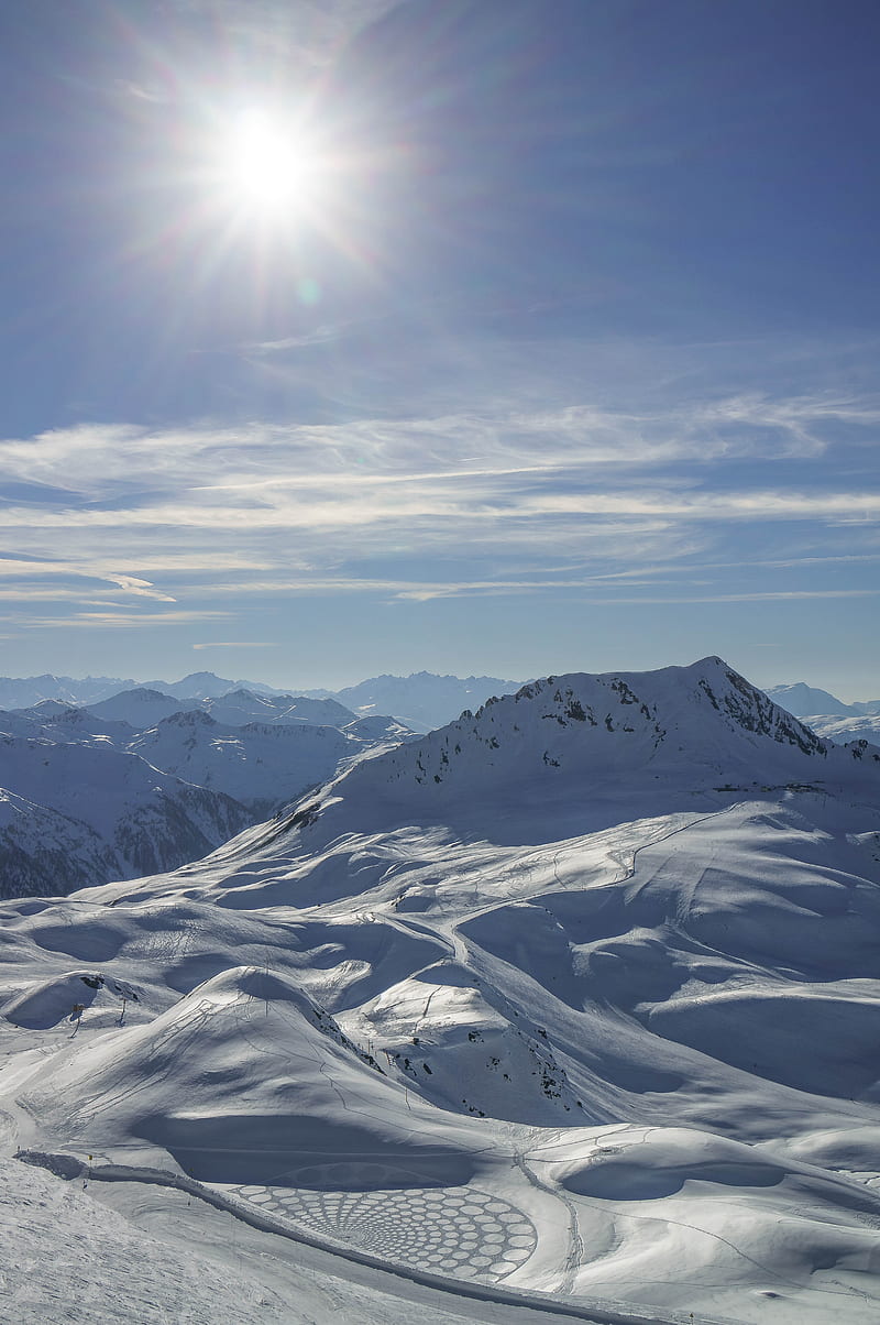 mountains, snow, landscape, sun, paths, ski, HD phone wallpaper