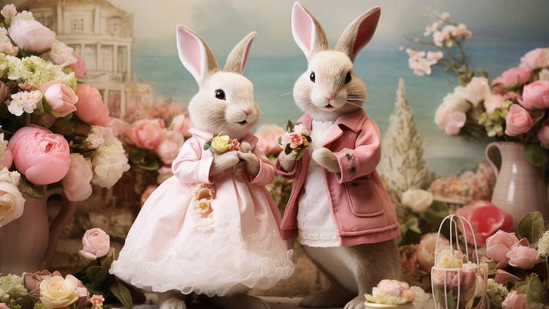 Happy Easter!, easter, pink, couple, bunny, card, HD wallpaper