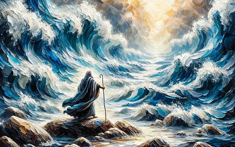 Moses and Red Sea, prophet, Old Testament, Red sea, Moses, waves, AI art, rocks, HD wallpaper