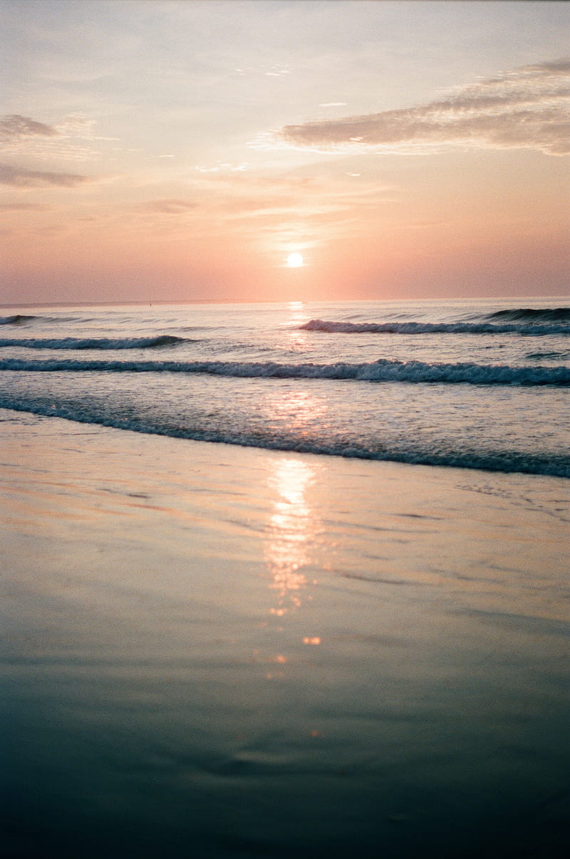 sea, sunset, waves, water, shore, HD phone wallpaper