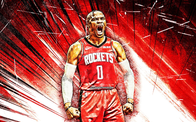 Russell Westbrook, red abstract rays, Houston Rockets NBA, grunge art, basketball stars, Russell Westbrook III, basketball, USA, Russell Westbrook Houston Rockets, creative, Russell Westbrook, HD wallpaper