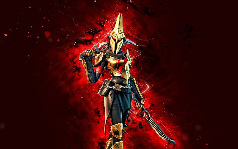 Gold Eternal Knight, , red neon lights, Fortnite Battle Royale, Fortnite characters, Gold Eternal Knight Skin, Fortnite, Gold Eternal Knight Fortnite, HD wallpaper