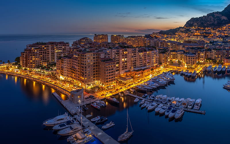 Monte Carlo, harbor, bay, evening, sunset, luxury yachts, Monte Carlo panorama, Monte Carlo cityscape, Monaco, HD wallpaper