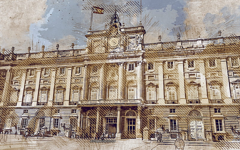Madrid Palace, Spain, grunge art, creative art, painted Madrid Palace, drawing, Madrid Palace abstraction, digital art, Royal Palace of Madrid, HD wallpaper