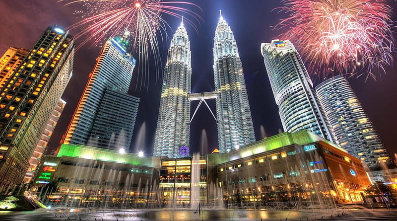 fireworks over mighty petronas towers in kuala lumpur r, colors, r, fireworks, skyscrapers, HD wallpaper