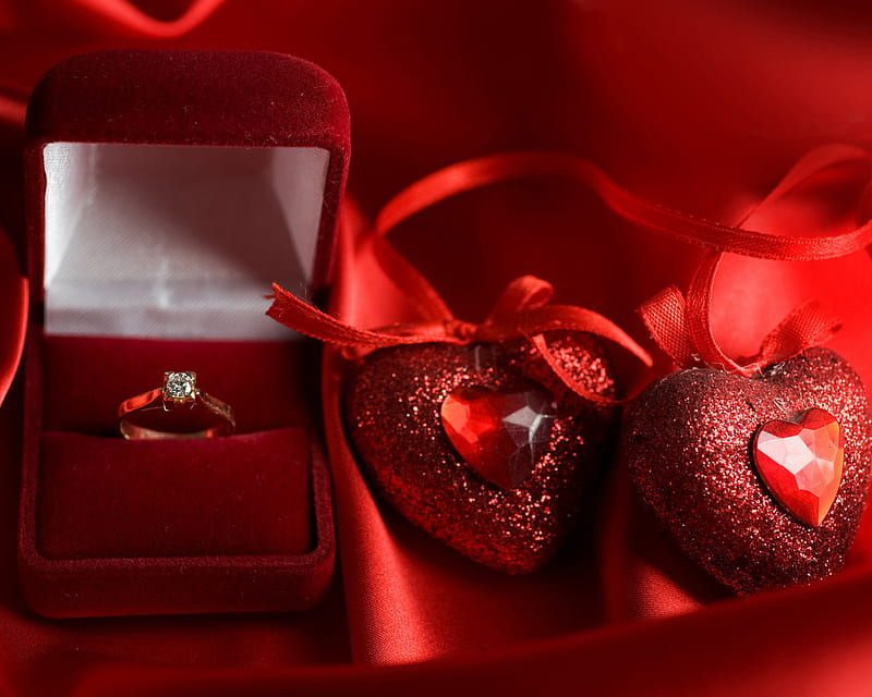 Proposal :), emotions, red, wonderful, box, bonito, silk, marriage, proposal, stones, love, beauty, romantic, feeling, ribbon, decoration, heart, ring, HD wallpaper