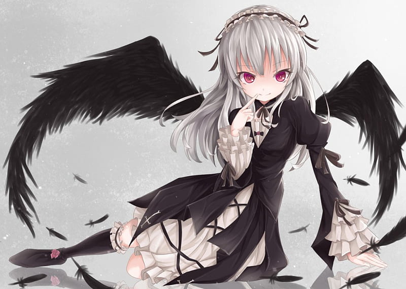 Suigintou, dress, eerie, wing, rozen maiden, anime, feather, scary, hot, anime girl, purple eyes, long hair, female, wings, gown, purple hair, sexy, cute, girl, creep, dark, HD wallpaper