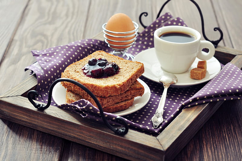spoon, meal tray, cloth, sugar, bread, meals, egg, jam, lunch, coffee, toasts, HD wallpaper