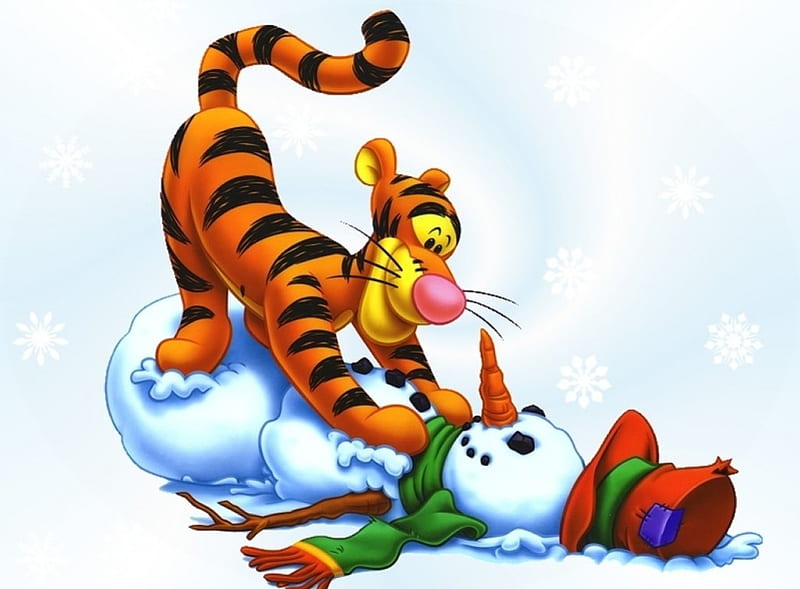 Tiger and snowman, tiger, cartoon, snow, play, HD wallpaper | Peakpx