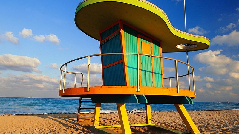 lifeguard station on miami beach, beach, station, sky, sea, HD wallpaper
