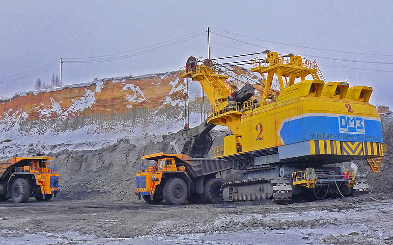 Mining Excavator, EKG32R, Large Excavator, Mining Dump Truck, Belaz 75450, mining concepts, natural resources, HD wallpaper