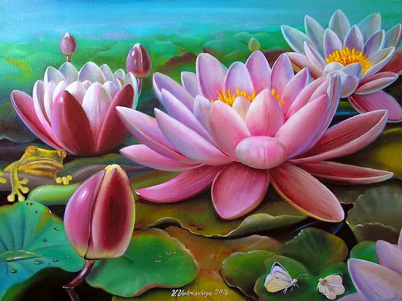 Pond lilies, pretty, colorful, art, lovely, lilies, bonito, lake, pond, frog, leaves, water, painting, flowers, HD wallpaper