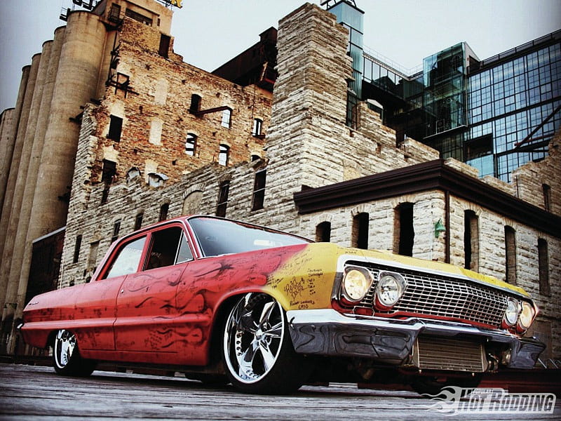 1963 Chevy Bel Air, gm, red, classic, bowtie, HD wallpaper