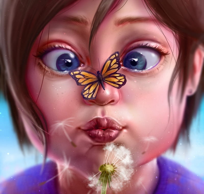 Unexpected visitor, michael sowa, art, luminos, cute, fantasy, dandelion, girl, butterfly, face, eyes, pink, blue, HD wallpaper