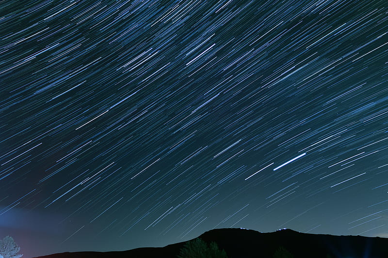 long exposure, stars, starry sky, hill, night, HD wallpaper