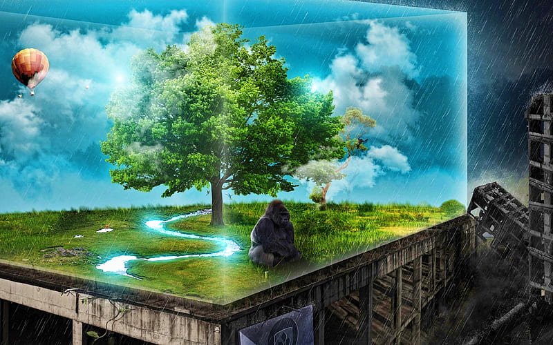 orangutan 3D art, tree, river, balloon, apocalypse, HD wallpaper