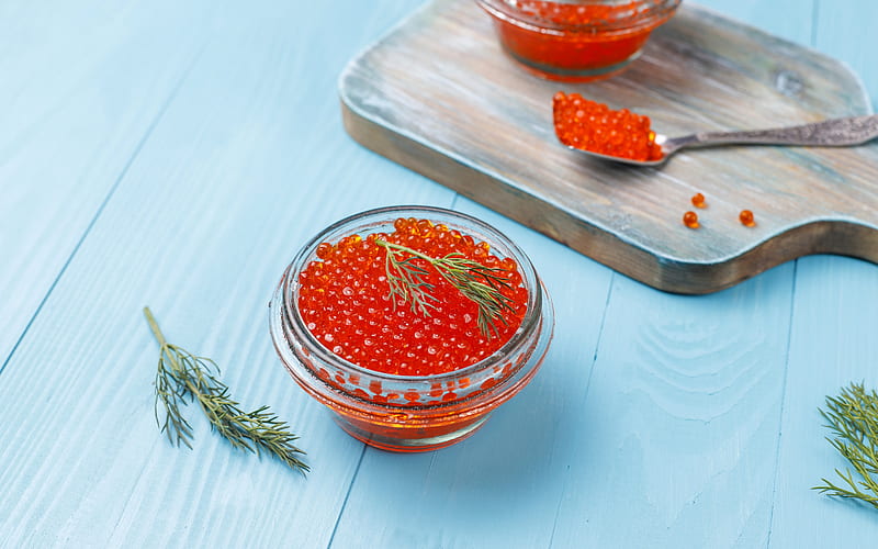 red caviar, appetizer, salmon caviar, red caviar on a spoon, caviar, HD wallpaper