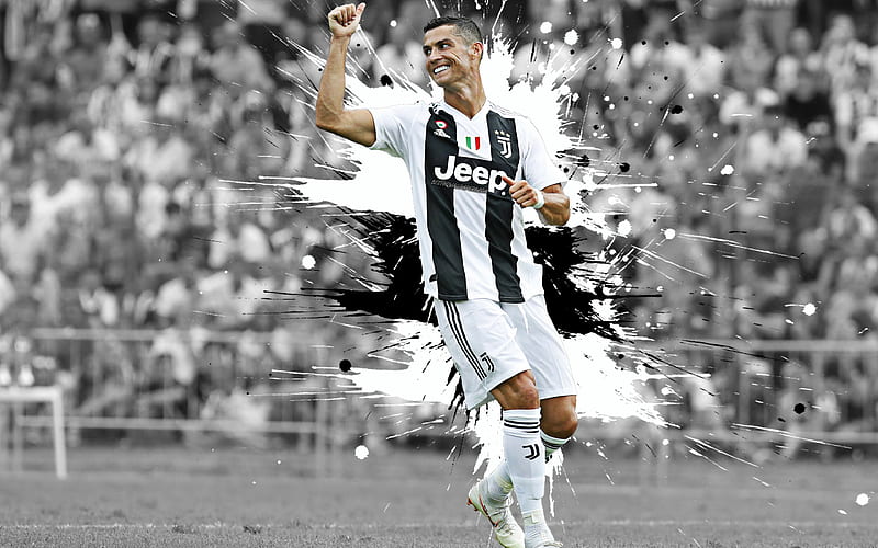 CR7, Cristiano Ronaldo, Juventus FC, Portuguese football player, forward, black and white paint splashes, Juve, art, Serie A, Italy, football, Ronaldo, HD wallpaper