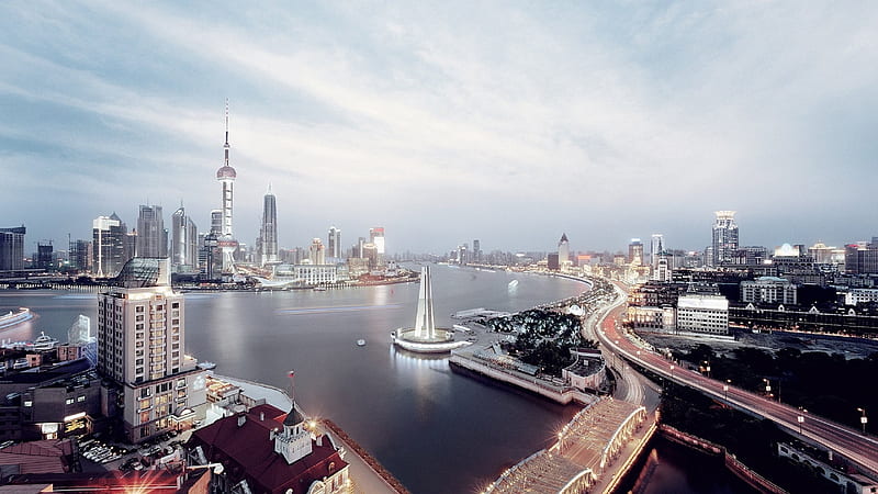 port, shanghai, china, bay, city, skyscrapers, HD wallpaper