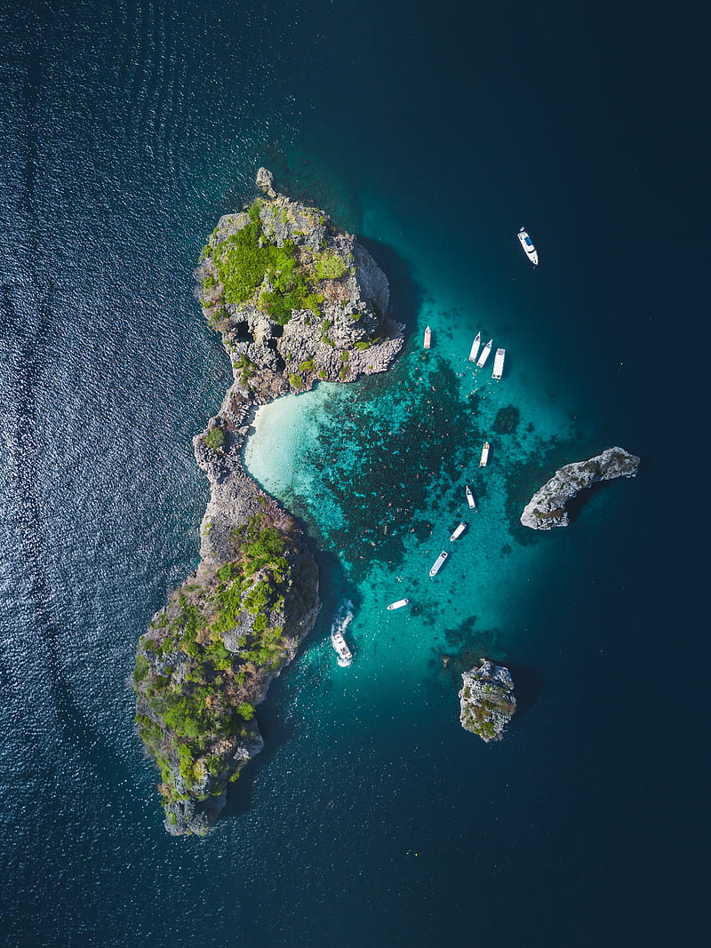 island, ocean, aerial view, boats, water, HD phone wallpaper