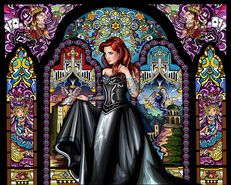 Gothic And Stained Glass, alice in wonderland, colorful, stained glass, black dress, queen of heart, HD wallpaper
