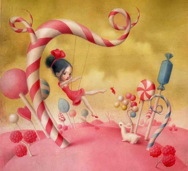 Sweetland, red, candy, picutra, nicoletta ceccoli, luminos, sweets, wonderland, yellow, girl, painting, surreal, blue, HD wallpaper