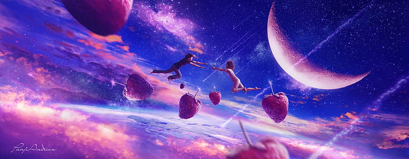 Flying in love, cloud, moon, strawberry, luminos, sky, fruit, moon, fantasy, panjoool, pink, blue, couple, HD wallpaper